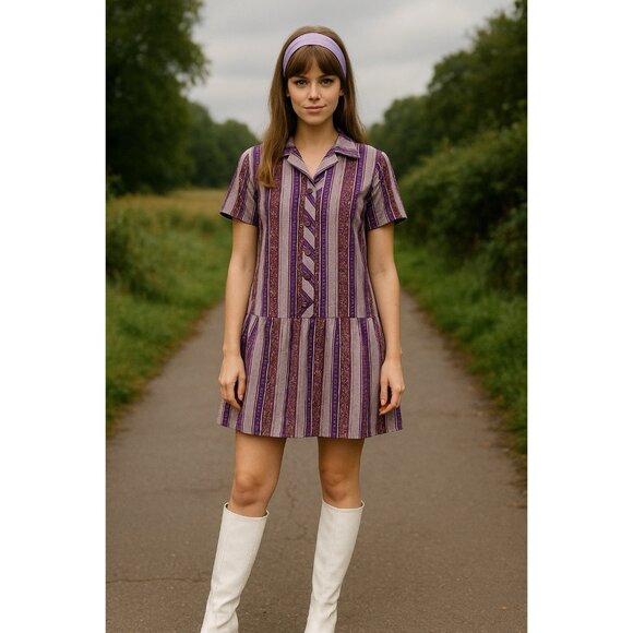 vintage 60s DROP WAIST DRESS mod go-go short sleeve flower child hippie XL - Picture 1 of 6